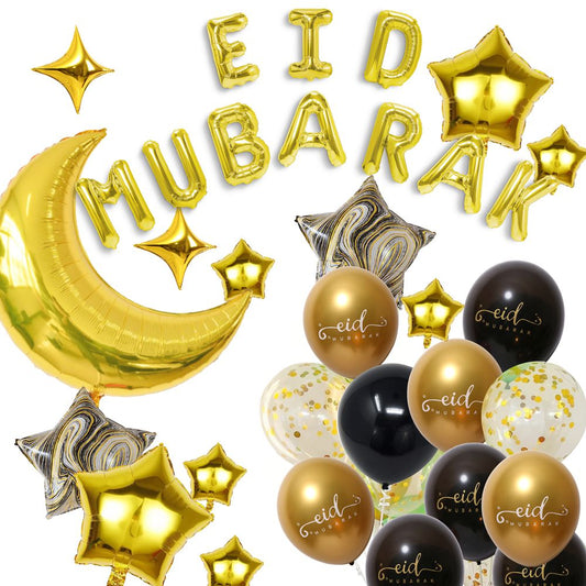 Eid Mubarak balloons letter balloons gold yellow black white moon star EId City Canada