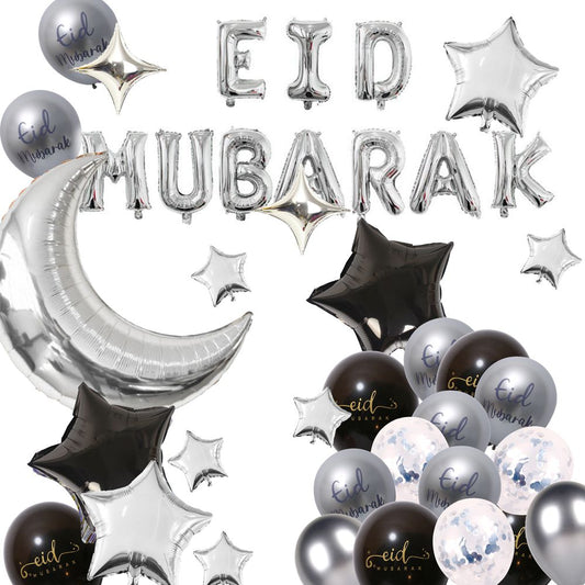 Eid Mubarak balloons letter balloons silver and black moon star EId City Canada