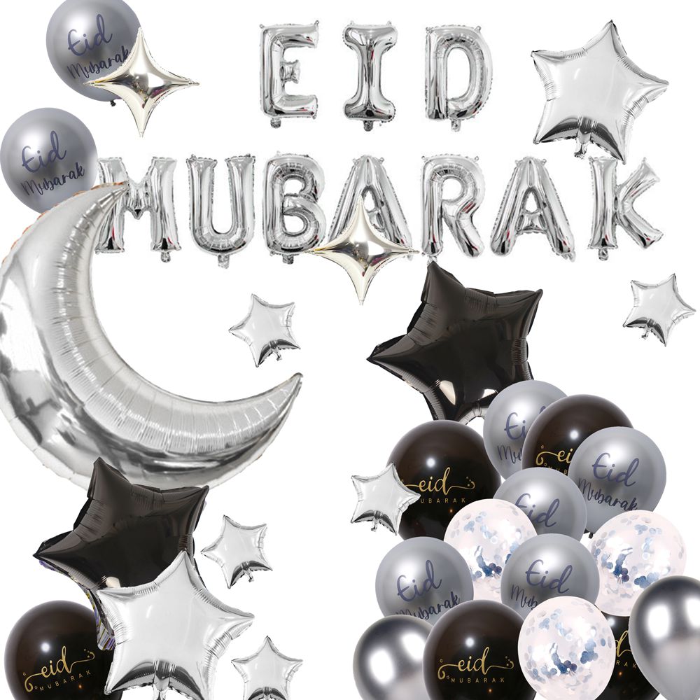 Eid Mubarak balloons letter balloons silver and black moon star EId City Canada