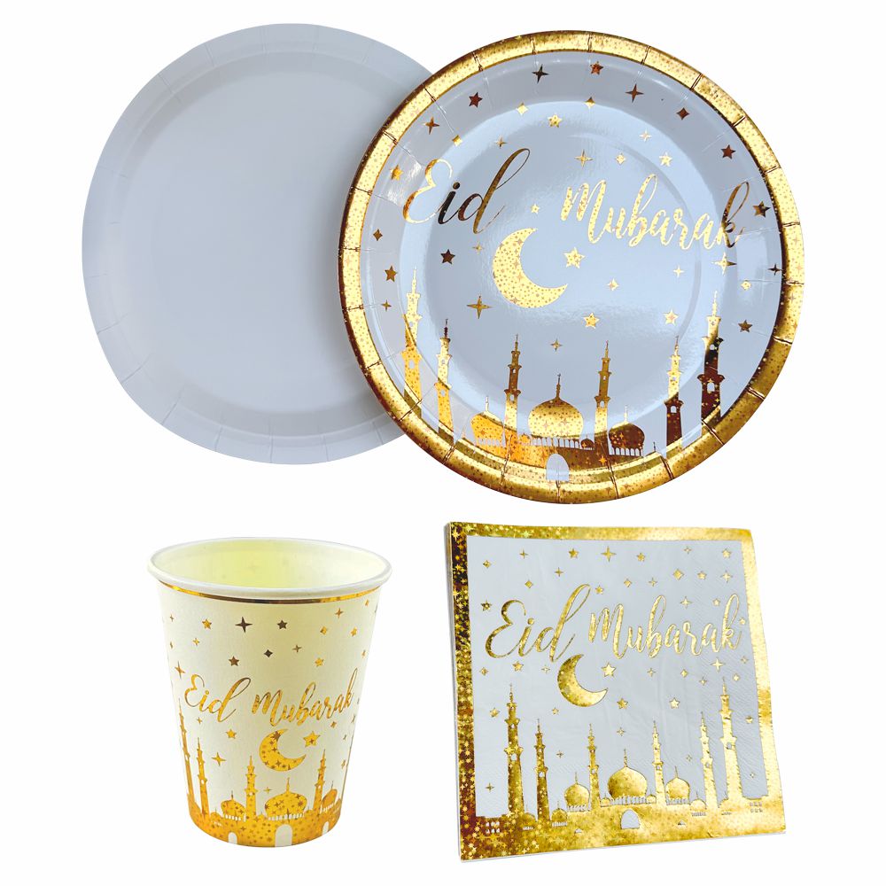 White Gold Eid Mubarak Moon Star envelope plate cup Eid City Canada