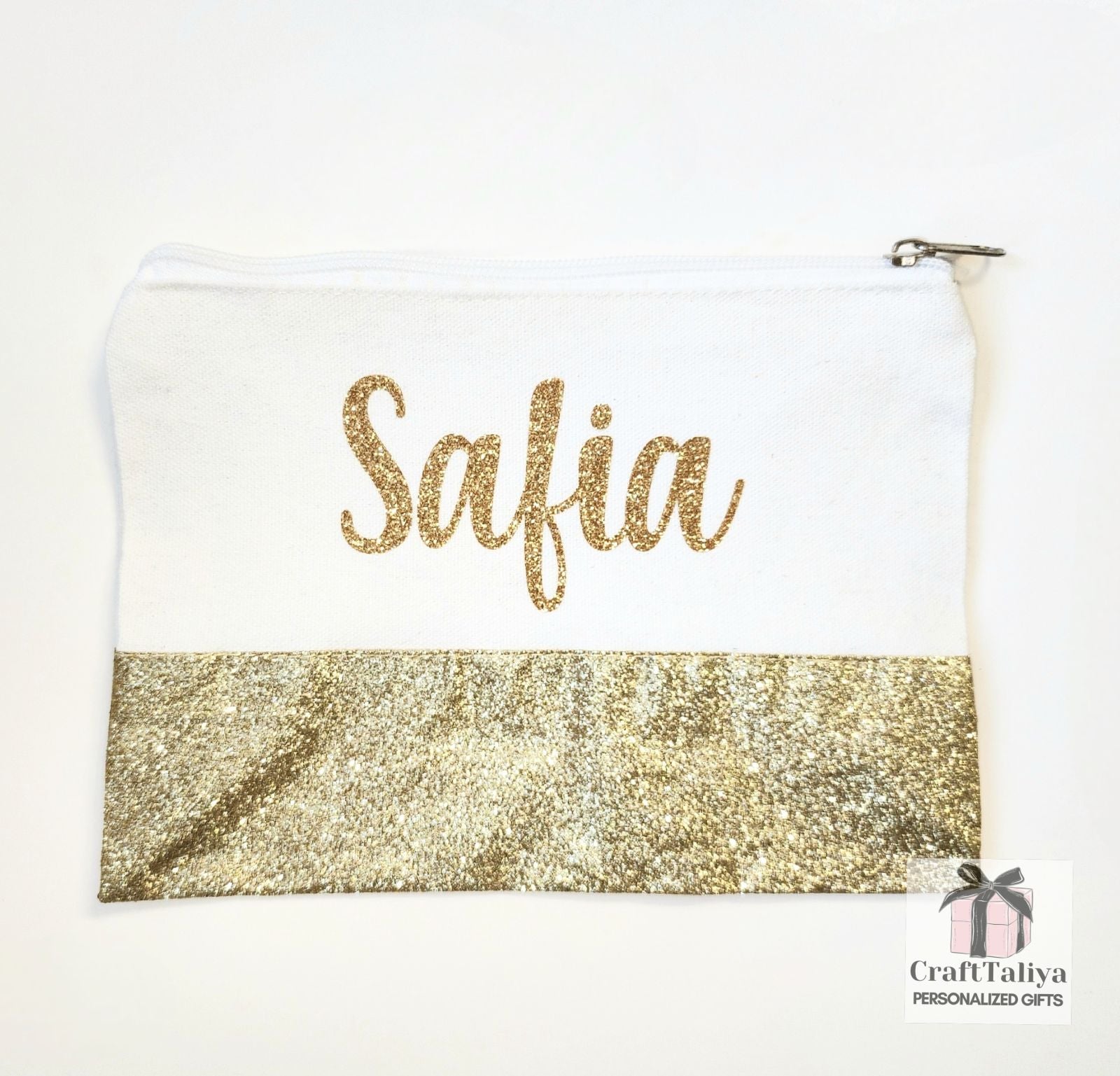 White and gold pencil case with Gold glitter name