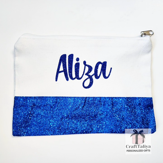 White and blue pencil case with blue glitter name