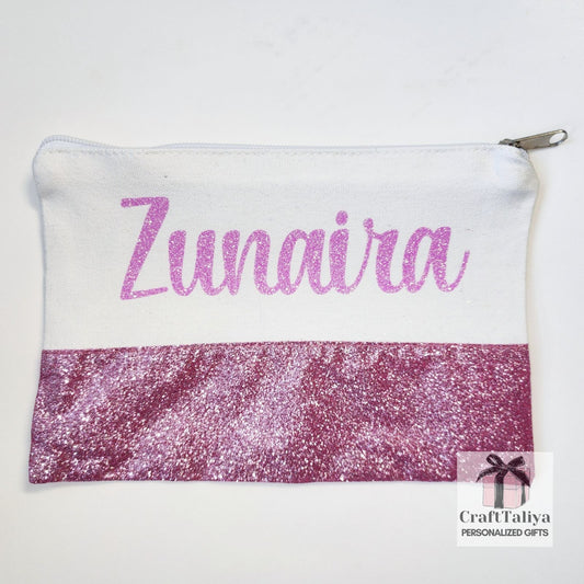 White and pink pencil case with pink glitter name
