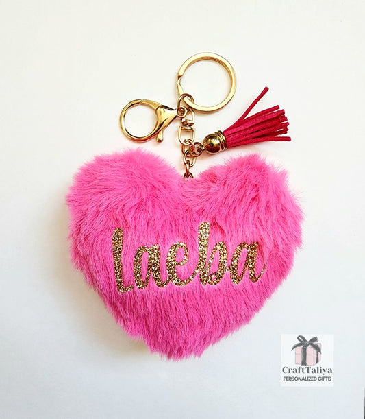 Pink heart key chain gold glitter name and gold tassle 