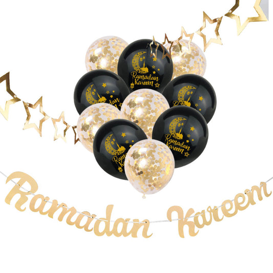 Gold Ramadan Mubarak Cut Out Calligraphy Hanging Bunting Banner with Confetti Balloons eid city canada